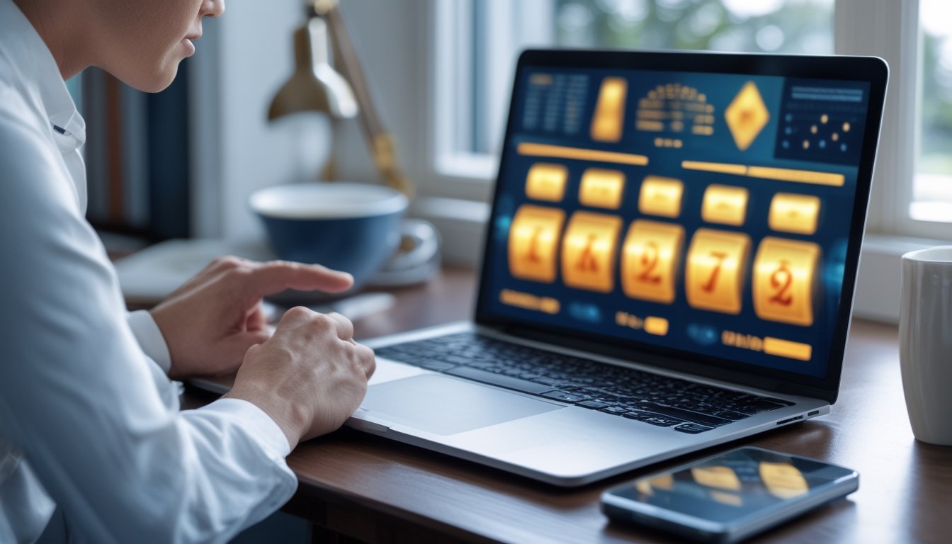 Seorang pemain dewasa meninjau informasi permainan dan anggaran di ruang kerja modern dengan laptop, ponsel, kalkulator, dan buku catatan.