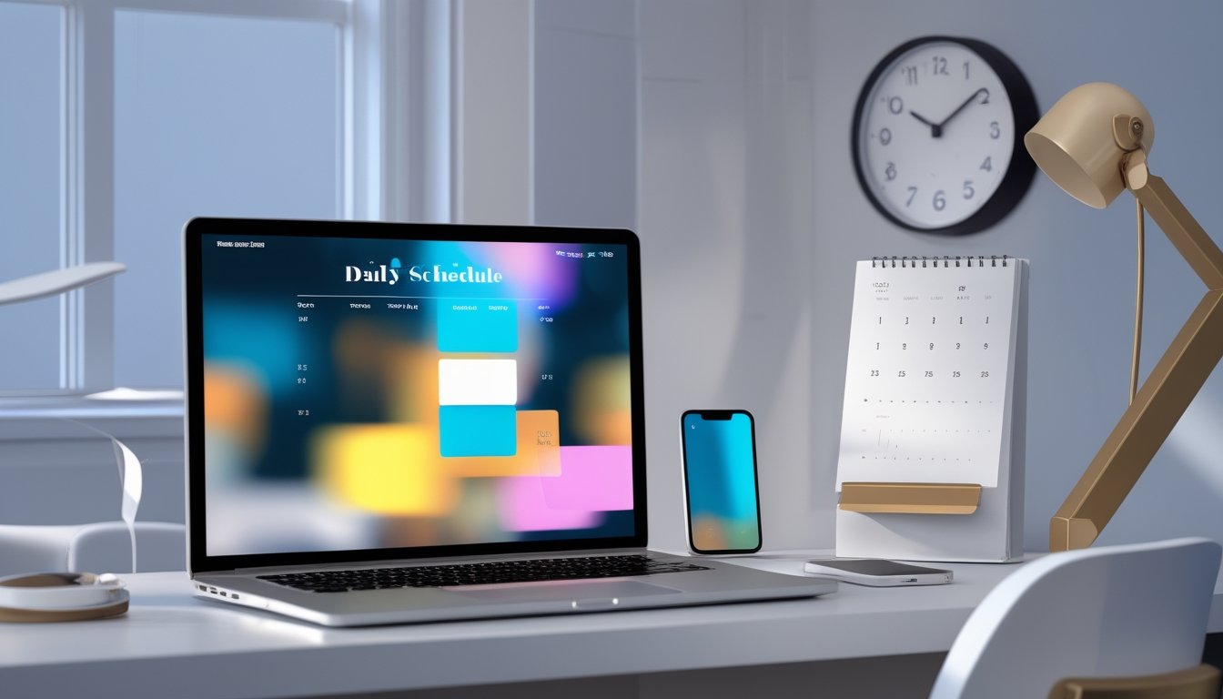 Meja kerja modern dengan laptop, ponsel, jam dinding, dan agenda kosong yang menggambarkan pembaruan jadwal harian.