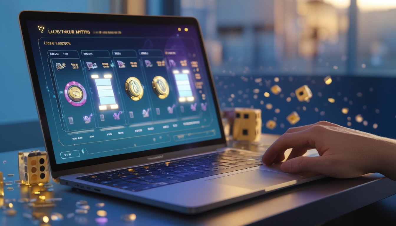 Meja kerja modern dengan laptop menampilkan permainan slot abstrak, ponsel dengan tata letak jadwal kosong, serta simbol visual peluang acak.