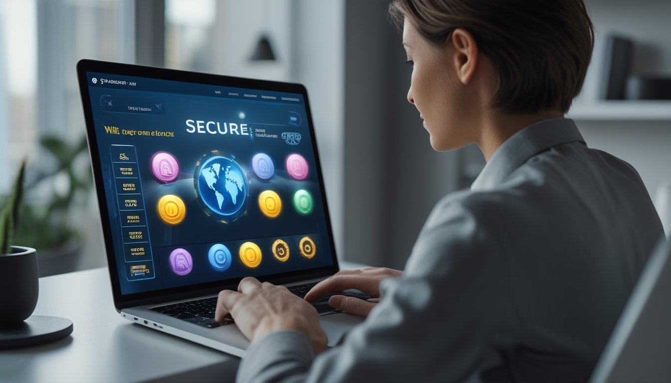 Orang dewasa menggunakan laptop dengan tampilan permainan slot daring dan simbol keamanan di ruang kerja modern.