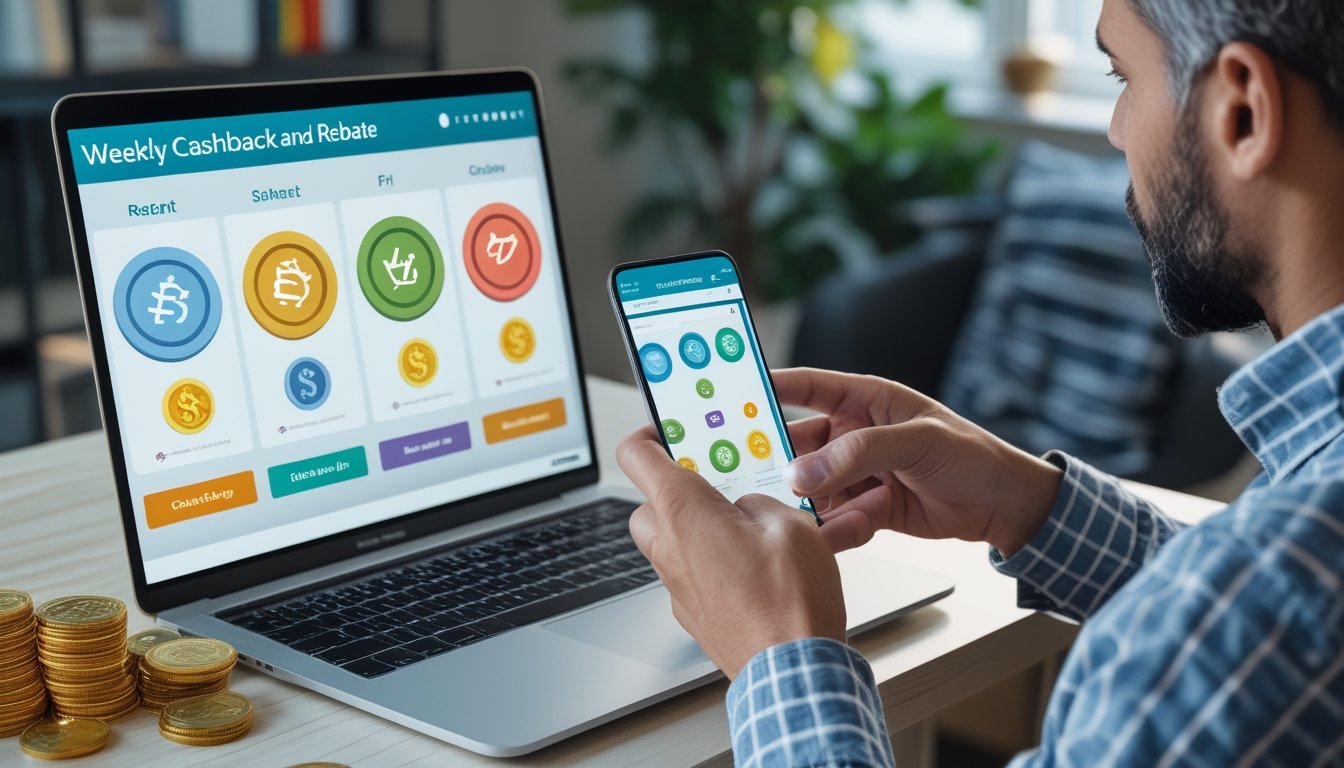 Orang dewasa memeriksa simbol hadiah dan cashback mingguan pada perangkat digital di ruang kerja modern.