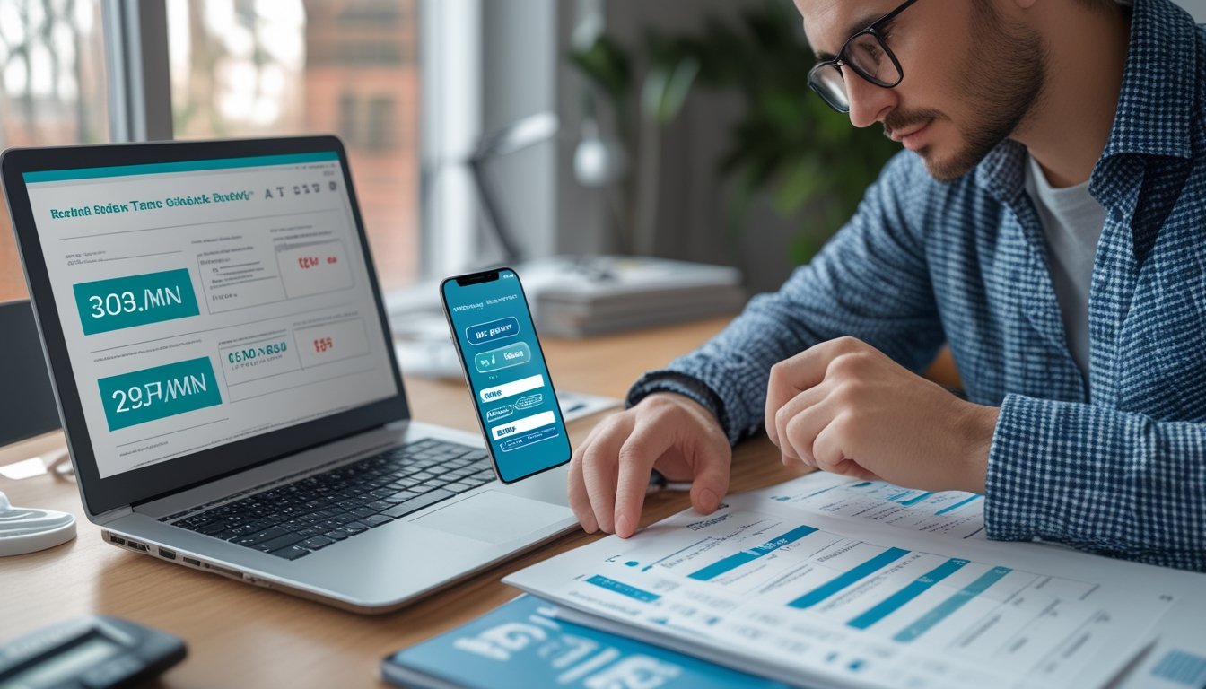 Orang dewasa memeriksa ketentuan promo di laptop dengan ponsel, kalkulator, catatan, dan kalender di meja kerja.