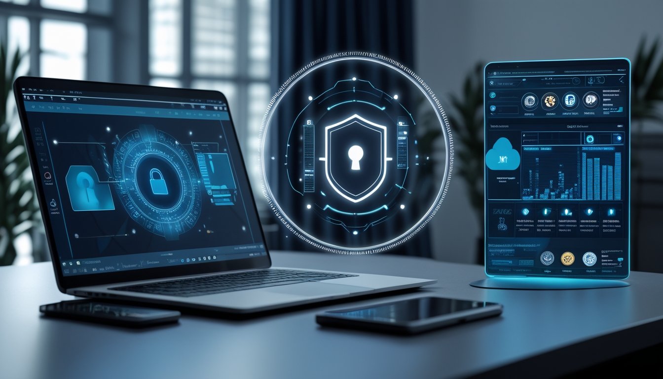 Perangkat digital dikelilingi simbol perisai dan gembok yang menggambarkan keamanan data.