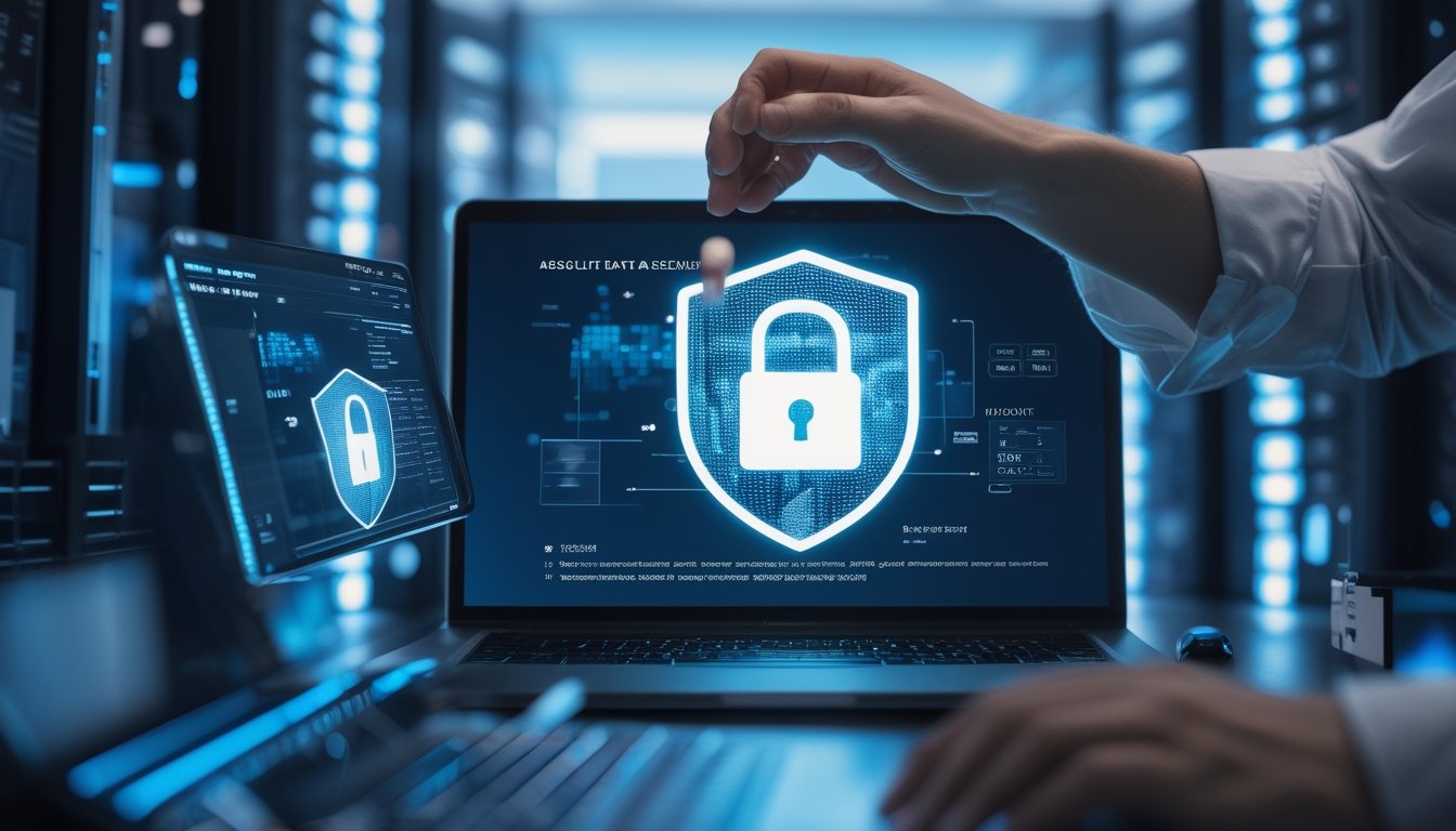 Laptop dan ponsel terlindungi simbol perisai serta gembok digital di lingkungan teknologi modern.