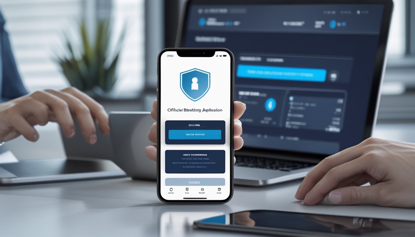 Seseorang memeriksa aplikasi taruhan resmi di ponsel dengan bantuan situs web pada laptop.