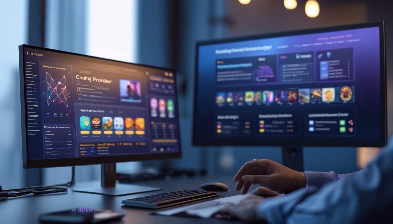 Meja kerja modern dengan monitor yang menampilkan antarmuka perbandingan penyedia permainan digital.