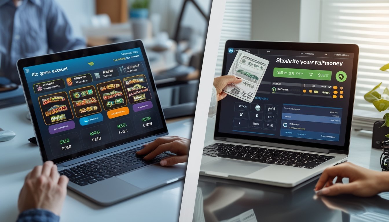 Dua laptop menampilkan akun permainan slot simulasi dan akun uang nyata dalam suasana meja kerja modern.