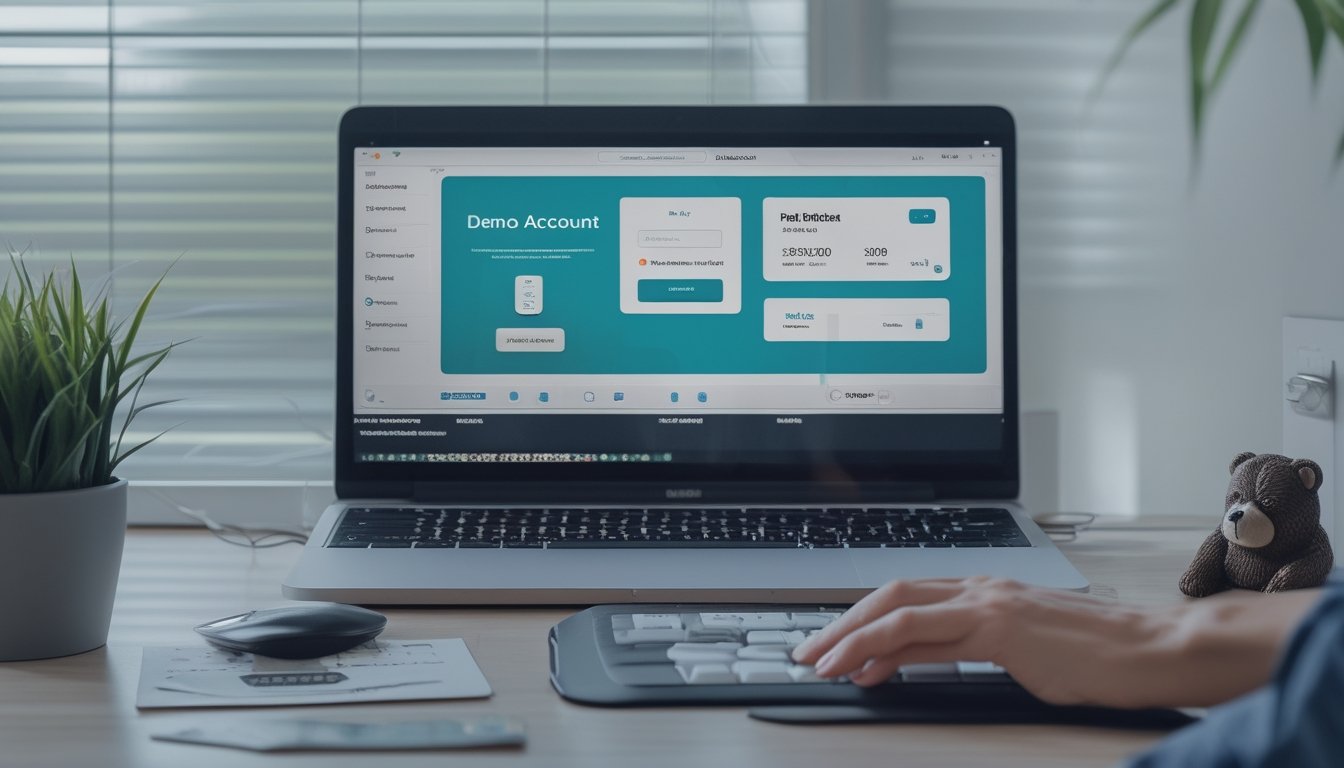 Meja kerja dengan laptop yang menampilkan perbandingan visual akun demo dan akun taruhan asli, disertai boneka beruang kecil.