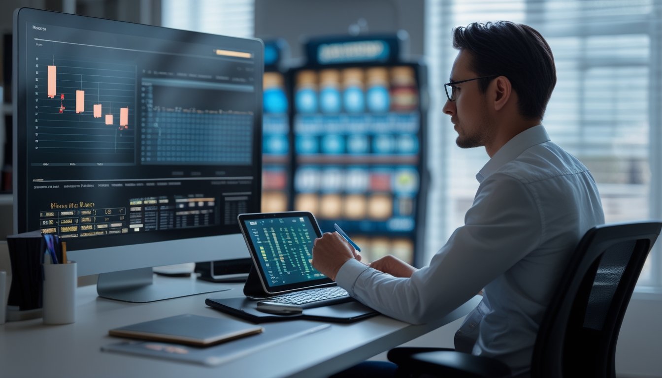 Seorang pemain profesional menganalisis grafik probabilitas dan data permainan di meja kerja modern.