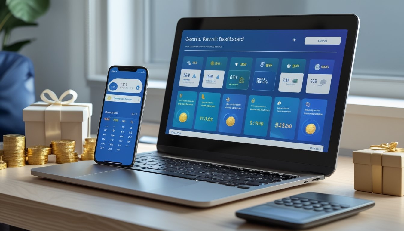 Laptop dan ponsel menampilkan antarmuka hadiah digital dengan koin, kalender, kotak hadiah, dan kalkulator di atas meja.