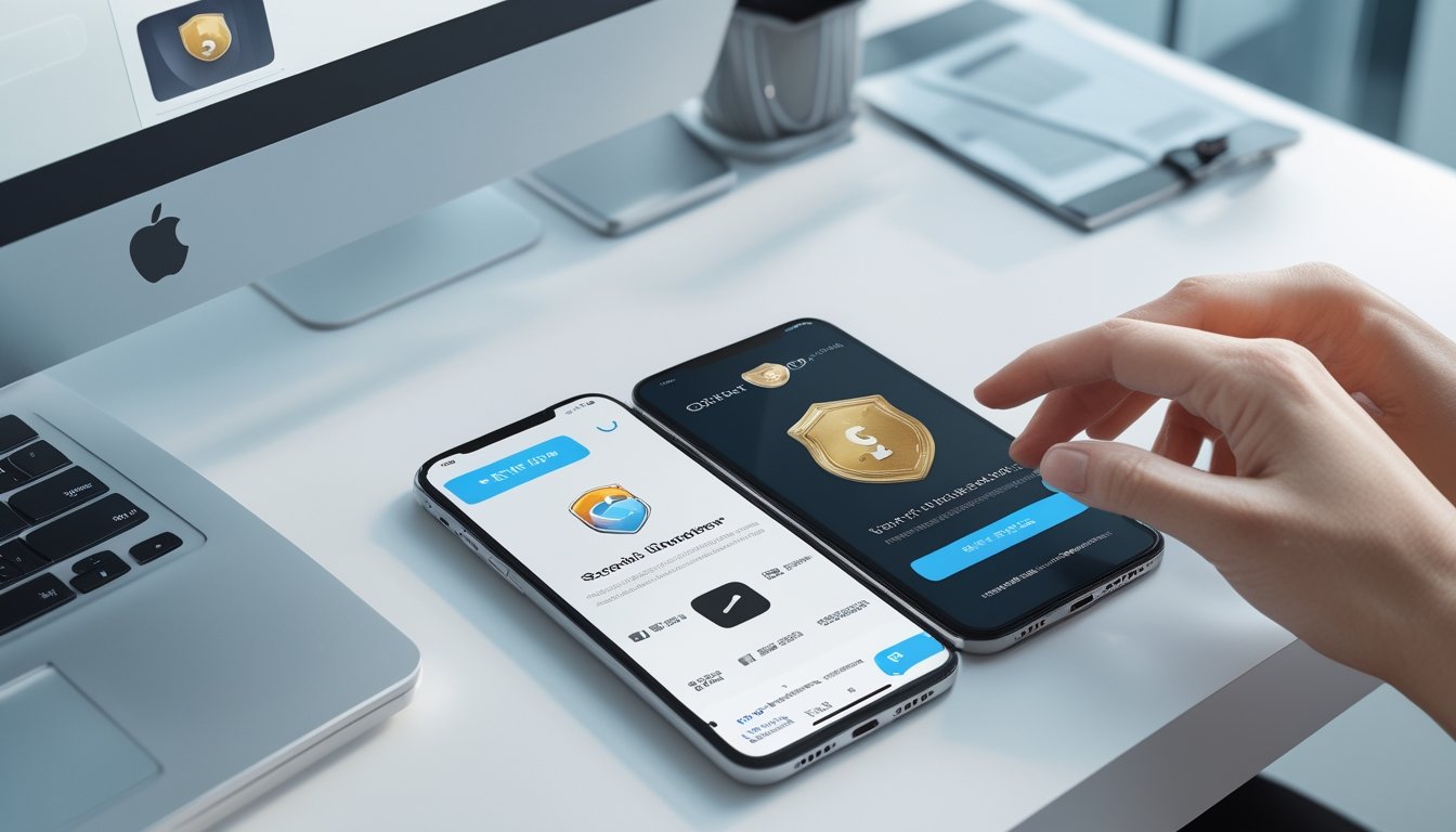 Seseorang memeriksa aplikasi di ponsel dengan tanda verifikasi dan sumber resmi.