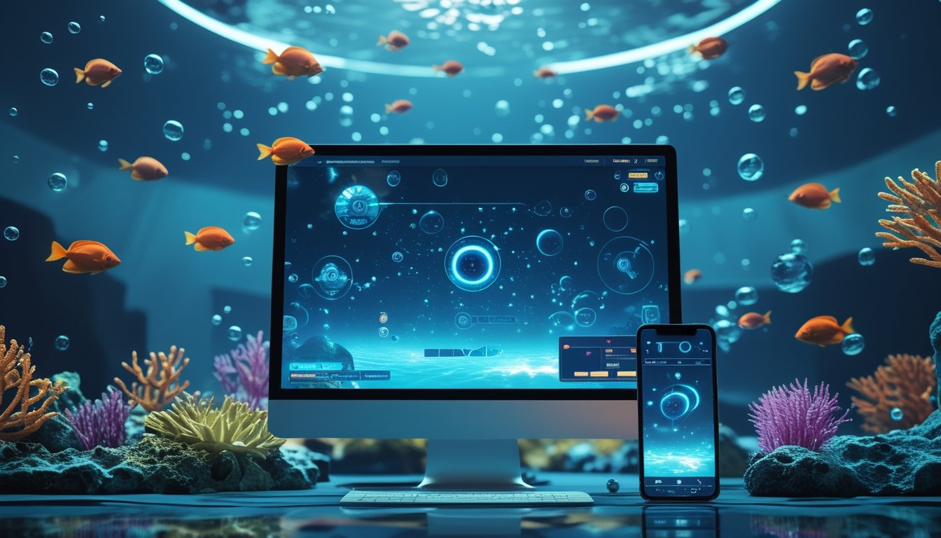 Monitor dan ponsel menampilkan permainan ikan bawah laut dengan ikan tropis, terumbu karang, dan cahaya biru.