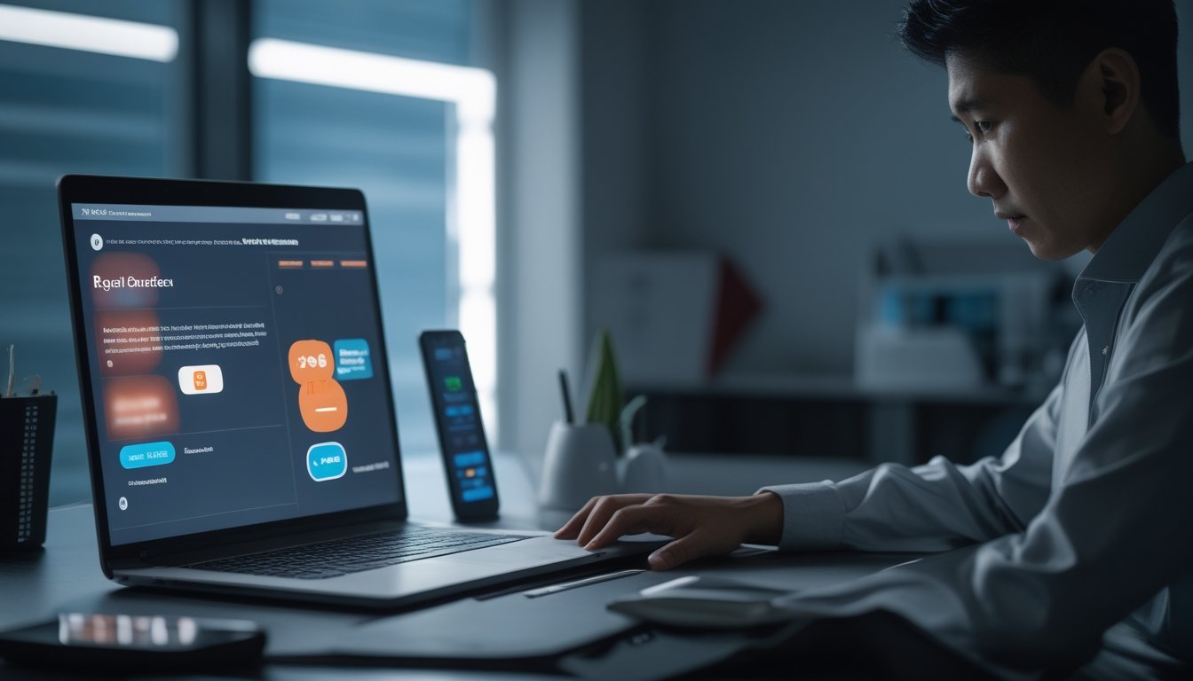 Seorang pengguna Indonesia melihat perangkat digital, dokumen hukum, dan simbol peringatan terkait risiko taruhan daring.