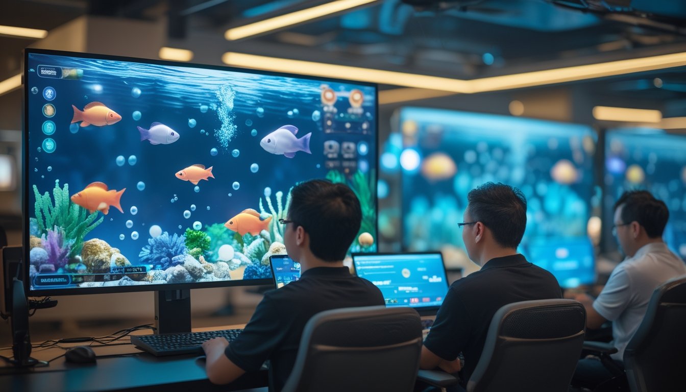 Orang dewasa di ruang modern melihat permainan tembak ikan digital bertema bawah laut pada komputer dan ponsel.