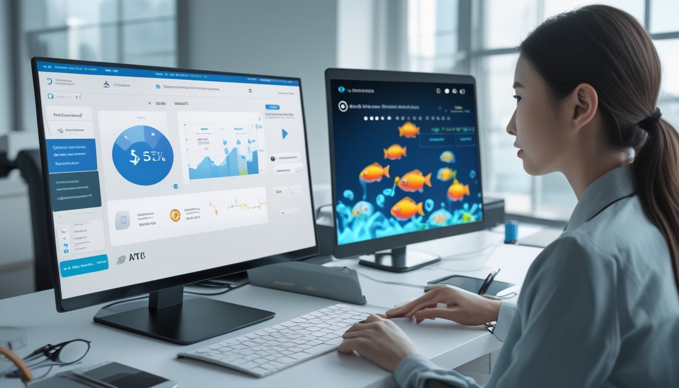 Seorang analis Asia Tenggara menilai keamanan dan kredibilitas provider permainan tembak ikan melalui laptop di ruang kerja modern.