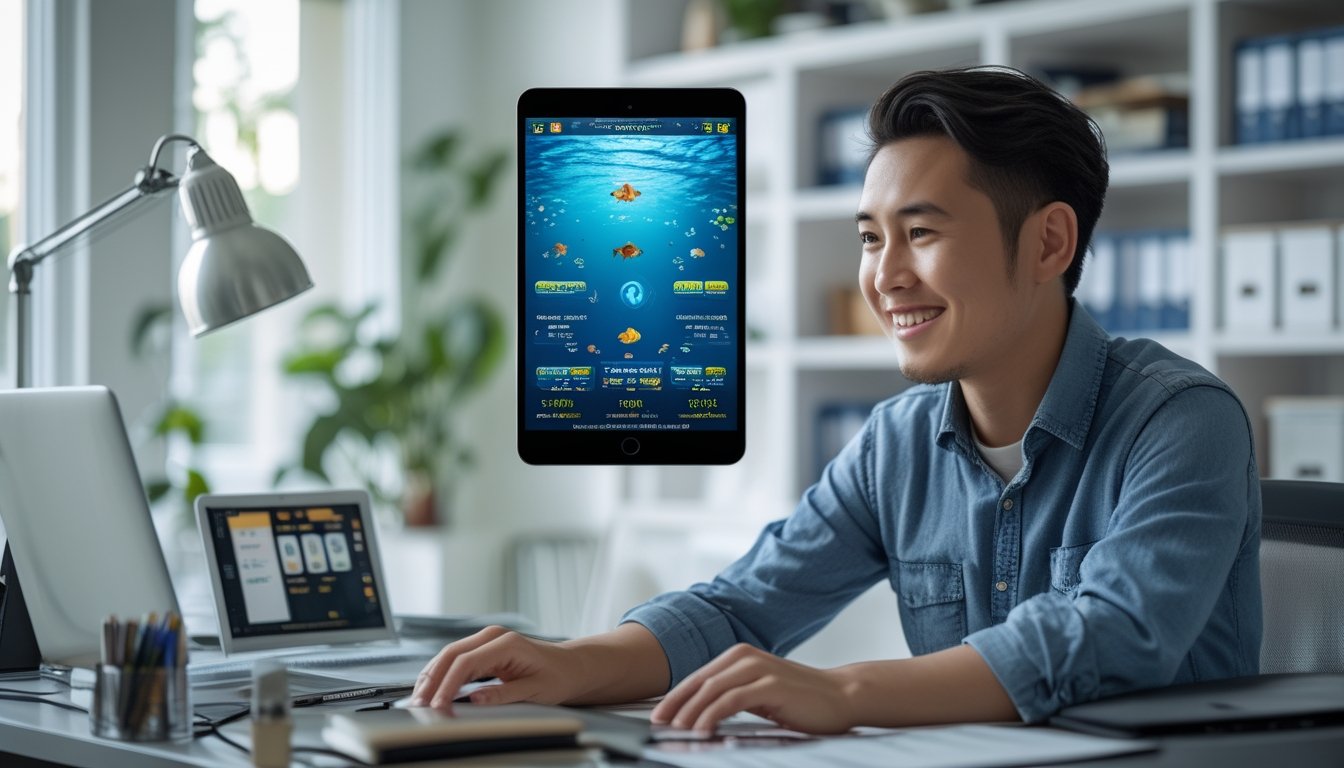 Seorang dewasa menggunakan perangkat digital untuk memainkan permainan arcade bertema ikan di ruang kerja yang rapi.