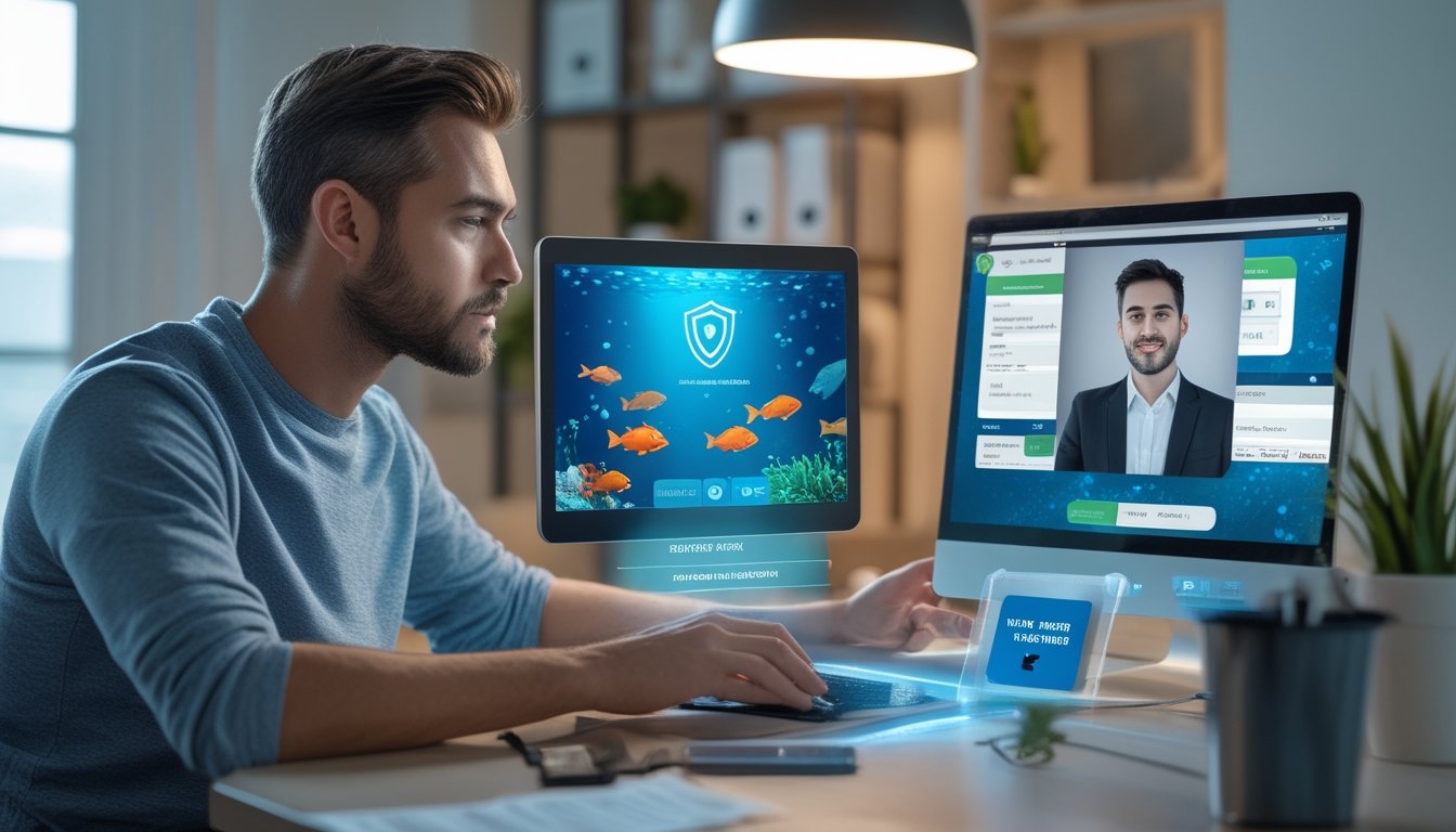 Seorang pemain dewasa menggunakan laptop untuk permainan tembak ikan dengan simbol keamanan dan dukungan profesional.