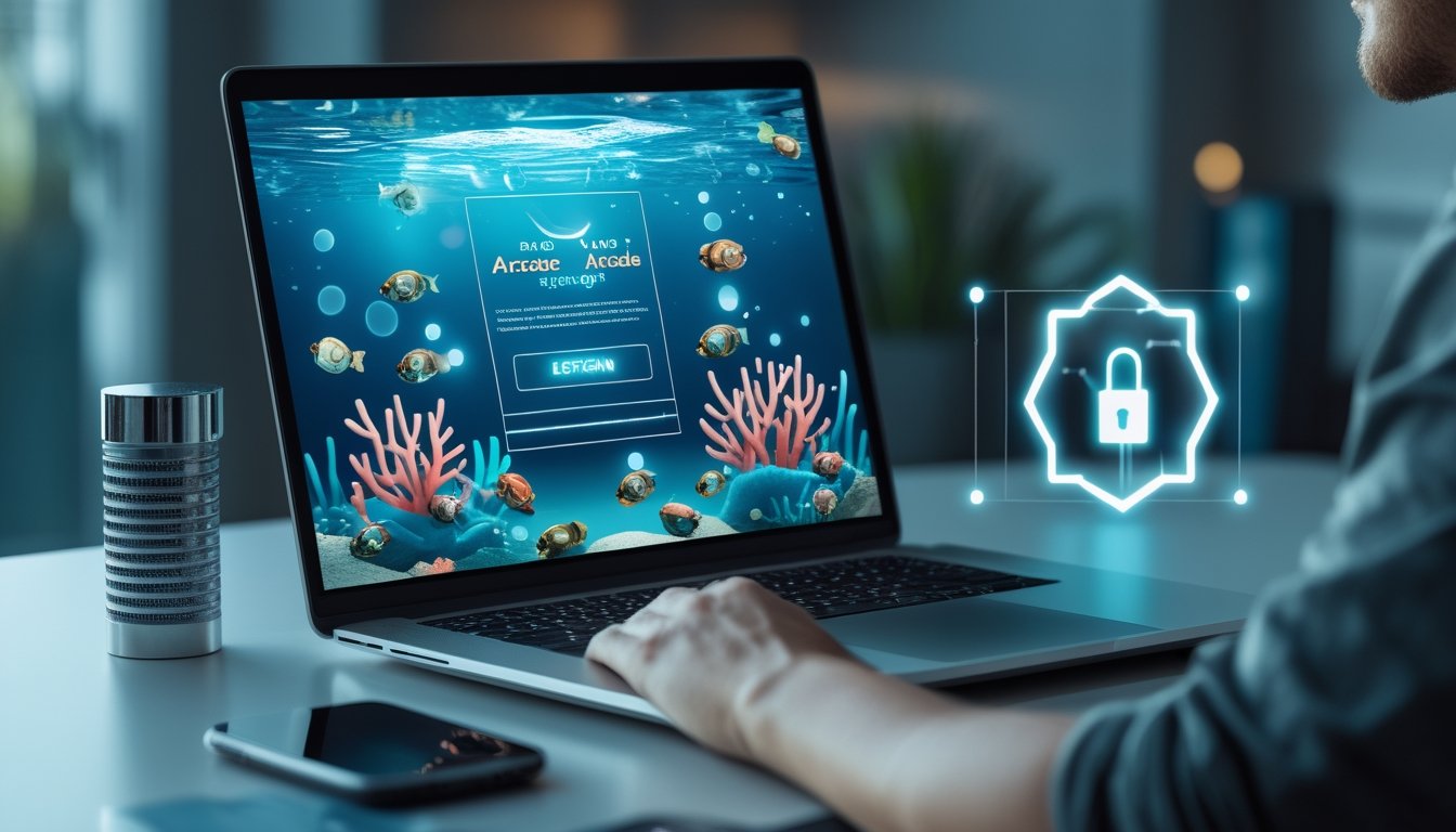 Laptop dan ponsel menampilkan permainan arcade bawah laut dengan simbol keamanan dan koneksi jaringan.