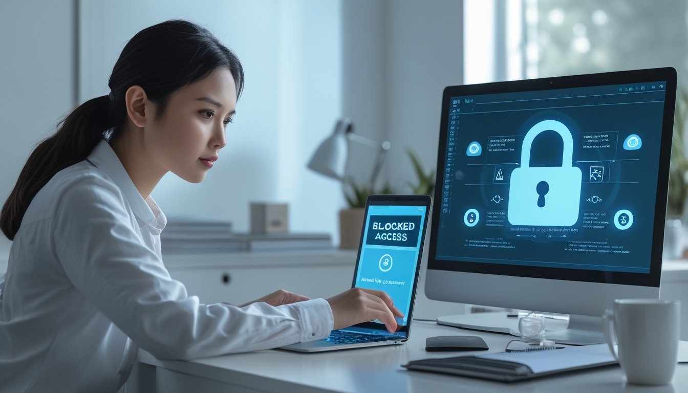 Seseorang meninjau peringatan keamanan akses internet di ruang kerja dengan laptop dan ponsel.