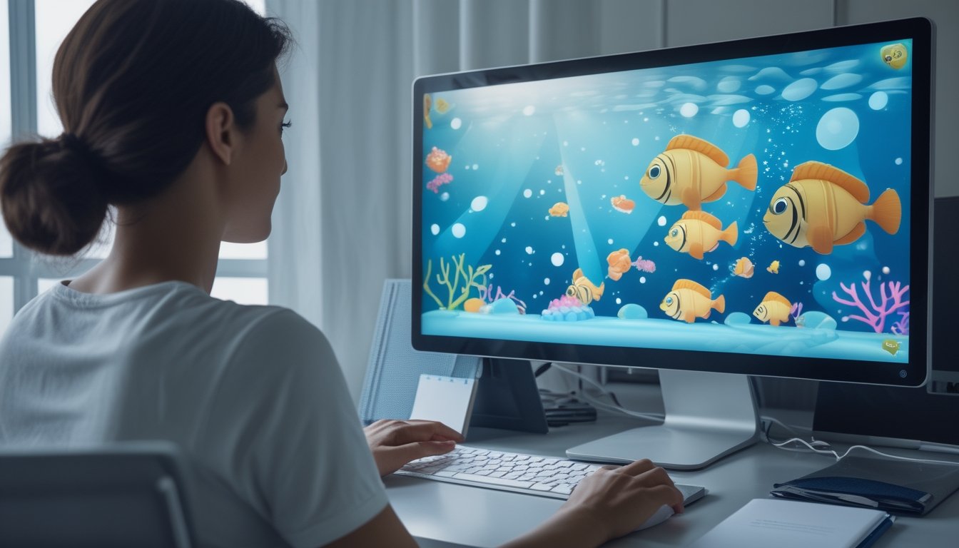 Seorang pemain menggunakan komputer untuk memainkan permainan ikan bawah laut di meja kerja yang rapi.