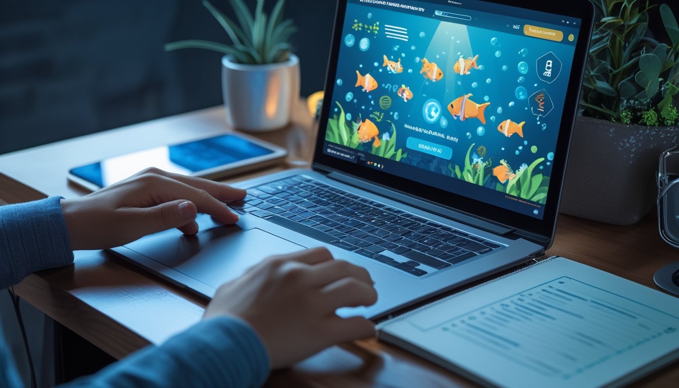 Seseorang memeriksa keamanan platform permainan ikan virtual menggunakan laptop, ponsel, dan simbol perisai digital.