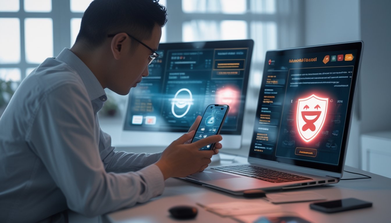 Pengguna memeriksa perangkat dengan tampilan platform taruhan online yang mencurigakan dan simbol peringatan penipuan.