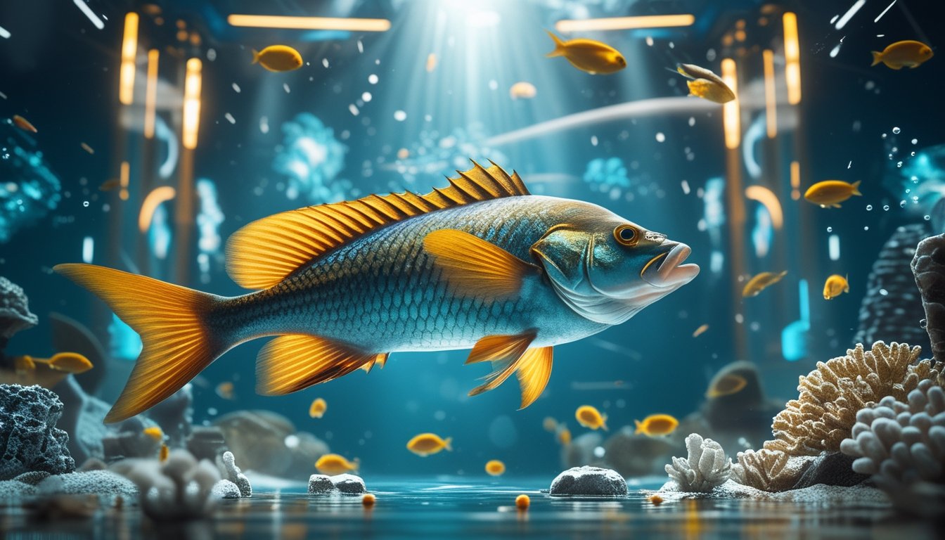 Ikan besar berenang di tengah suasana bawah laut yang penuh warna bersama ikan-ikan kecil dan cahaya berkilau.