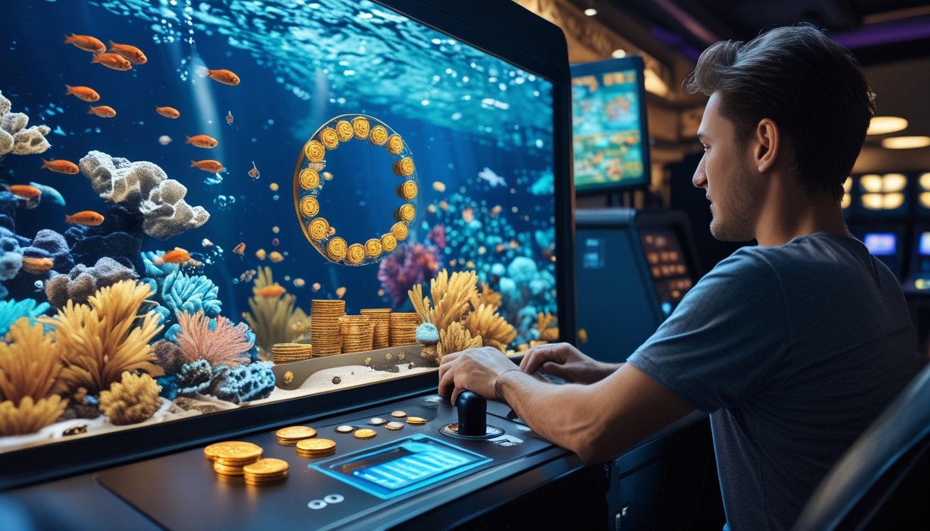 Pemain dewasa menikmati permainan menembak ikan digital dengan tampilan akuarium bercahaya dan elemen hadiah koin.