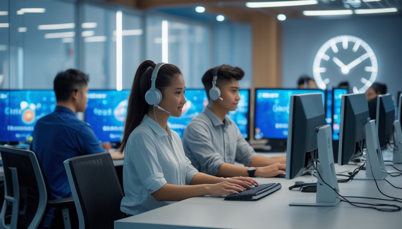 Tim layanan pelanggan bekerja di pusat bantuan digital dengan komputer dan headset.