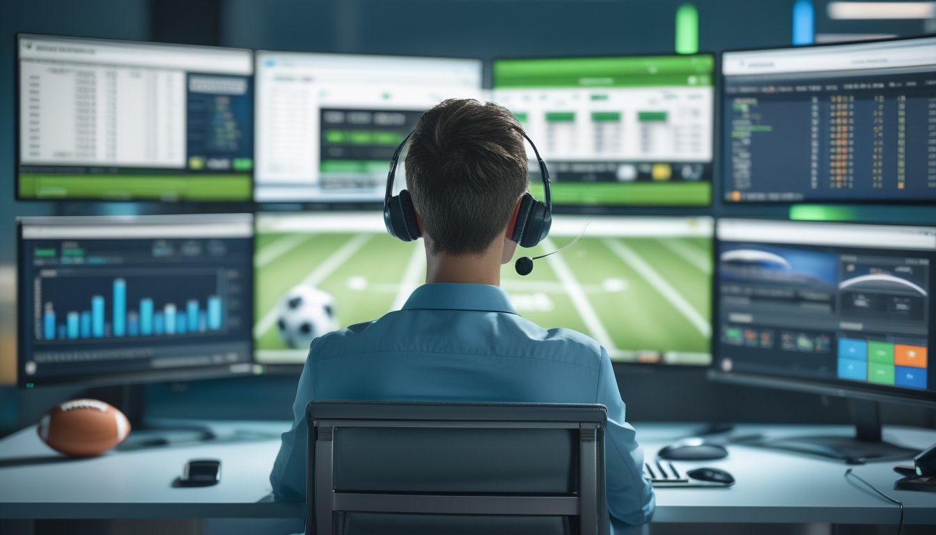Petugas layanan pelanggan mengenakan headset bekerja di depan komputer dengan suasana bertema sepak bola.