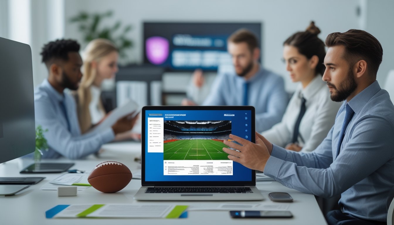 Tim layanan pelanggan memeriksa dokumen lisensi dan keamanan layanan taruhan sepak bola daring di kantor modern.