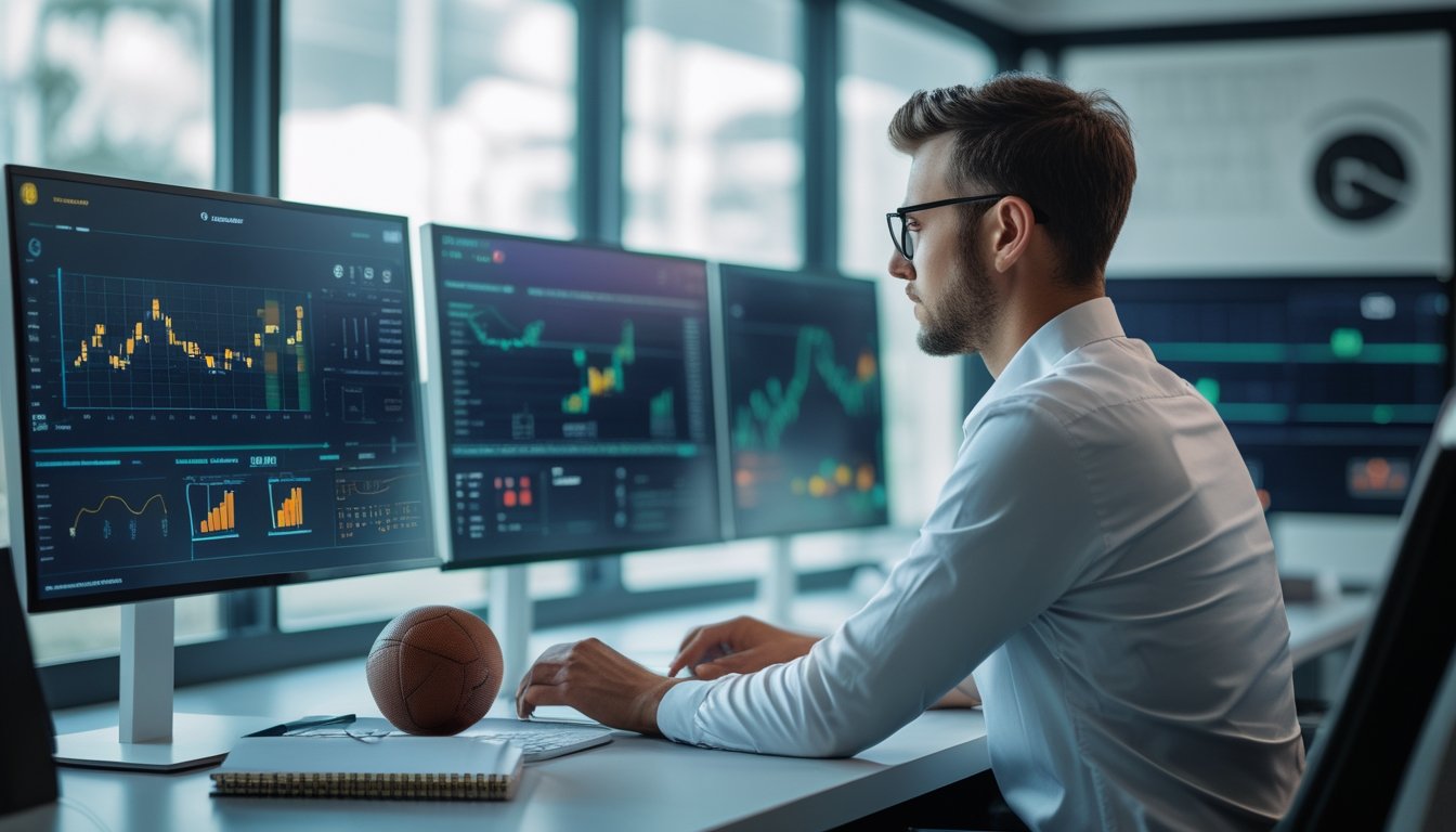 Analis sedang mengamati grafik dan statistik pertandingan sepak bola di beberapa layar komputer.