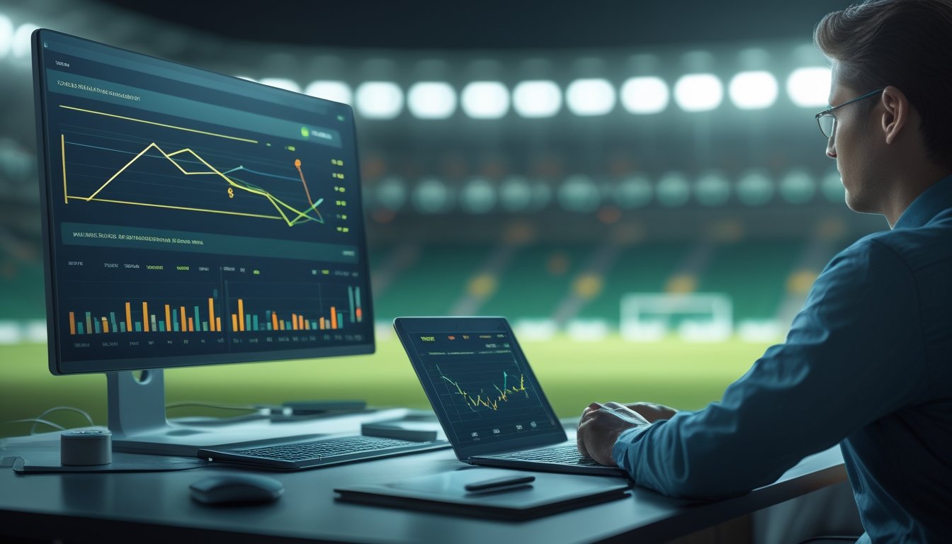 Seorang analis mengamati grafik pergerakan odds dan statistik pertandingan sepak bola di ruang kerja modern.