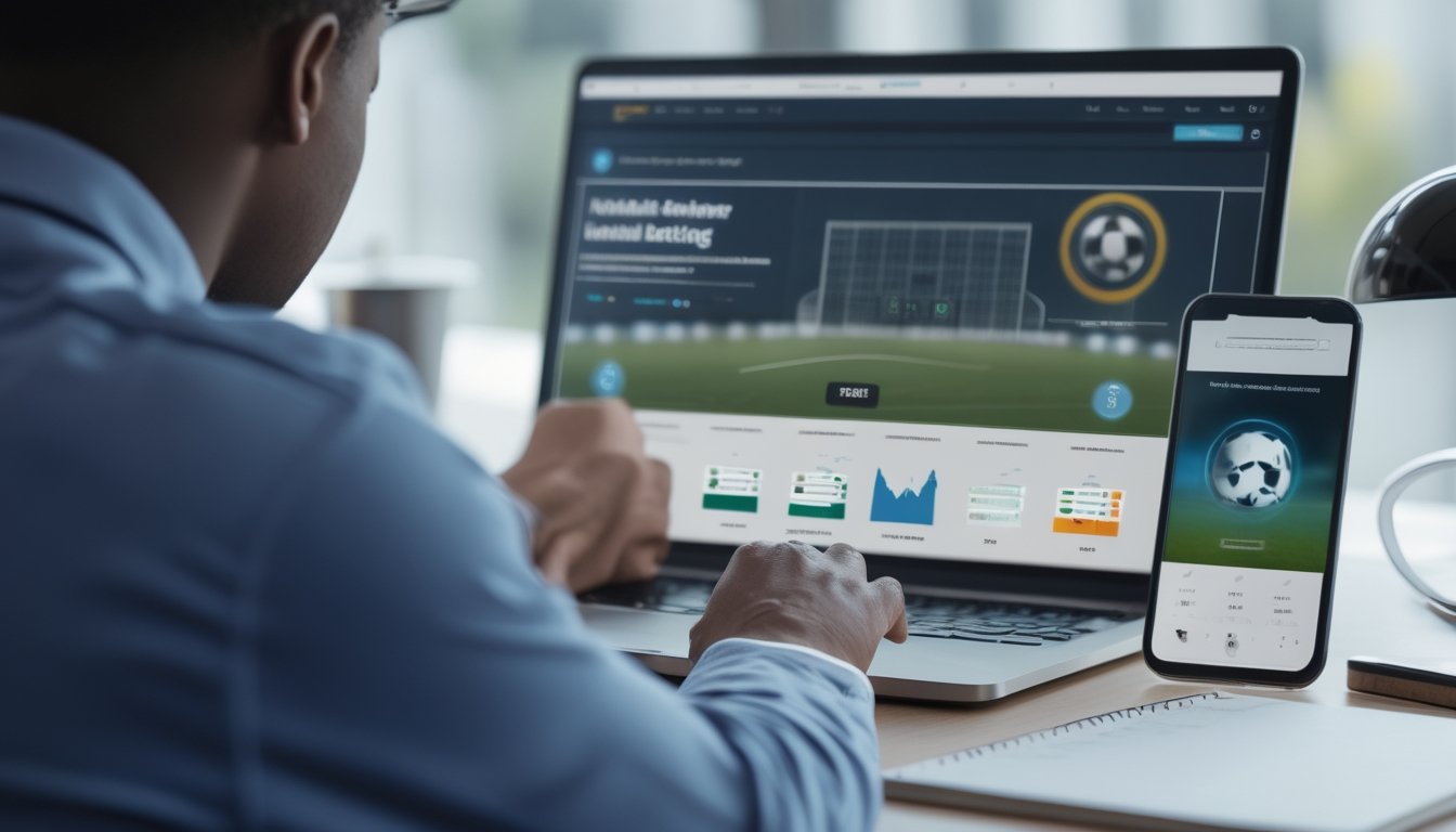 Seorang pemula mempelajari analisis pertandingan sepak bola melalui laptop dan ponsel di meja kerja.