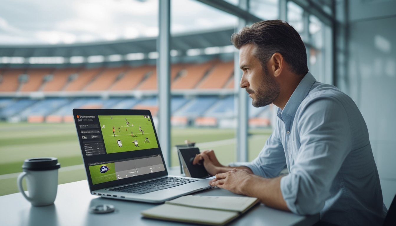 Seseorang menganalisis pertandingan sepak bola di laptop dengan catatan dan kalkulator di meja.
