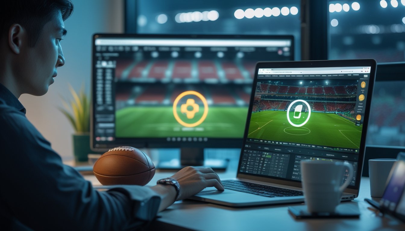 Seseorang menggunakan laptop dan ponsel dengan tampilan sepak bola serta simbol pembayaran digital.