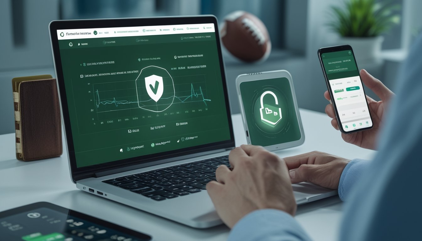 Meja kerja modern dengan laptop berisi analisis pertandingan sepak bola, ponsel dengan simbol pembayaran digital aman, dan tablet yang menampilkan pemeriksaan keamanan.