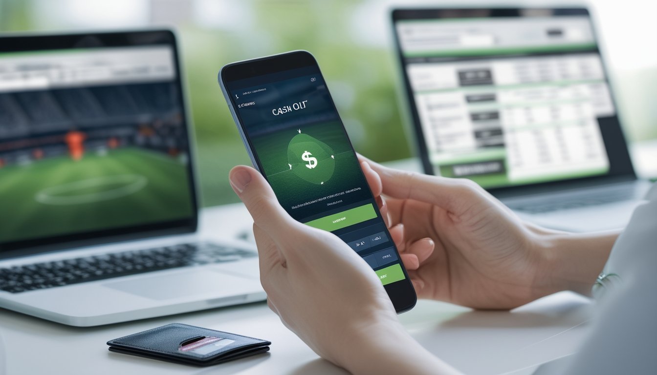 Seseorang menggunakan ponsel untuk mengakses fitur cash out pada platform taruhan sepak bola, dengan laptop dan perlengkapan pembayaran di meja.