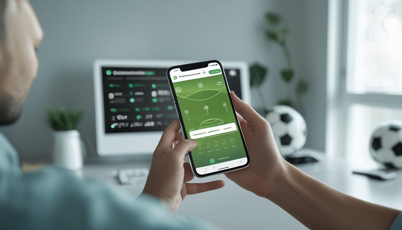 Seseorang menggunakan ponsel pintar untuk melihat informasi pertandingan sepak bola di meja kerja.