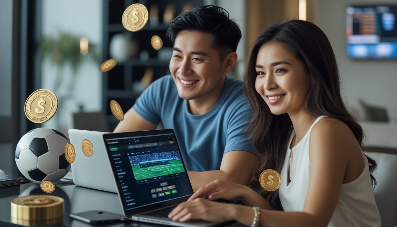 Pasangan dewasa menikmati pertandingan sepak bola sambil menggunakan laptop dan ponsel di ruang modern dengan nuansa hadiah.