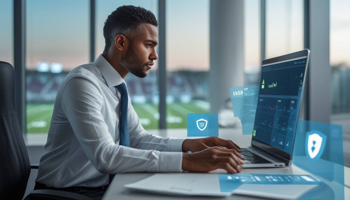 Seorang analis memeriksa keamanan platform olahraga di laptop dengan simbol perisai dan gembok di kantor modern.