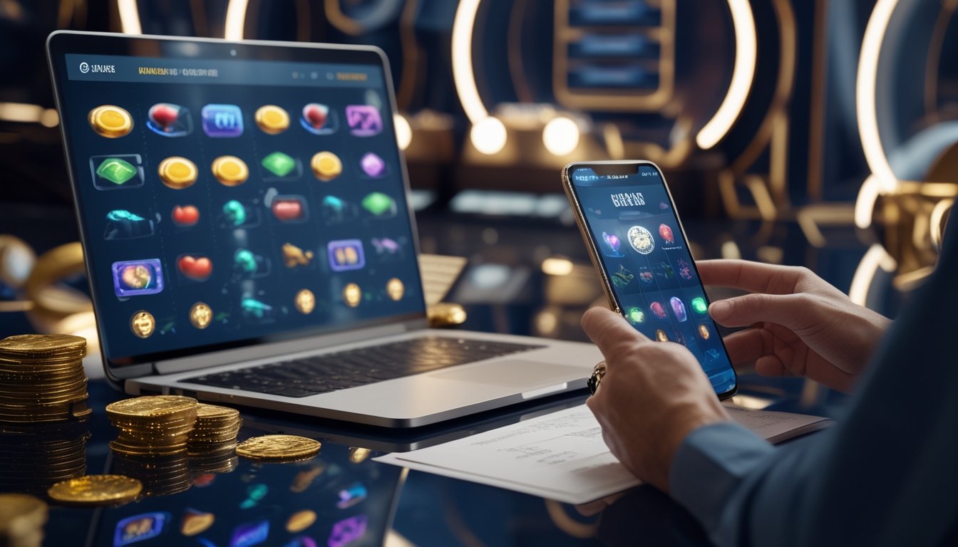 Seseorang mengamati permainan slot digital di meja dengan ponsel, laptop, koin, dan kartu.