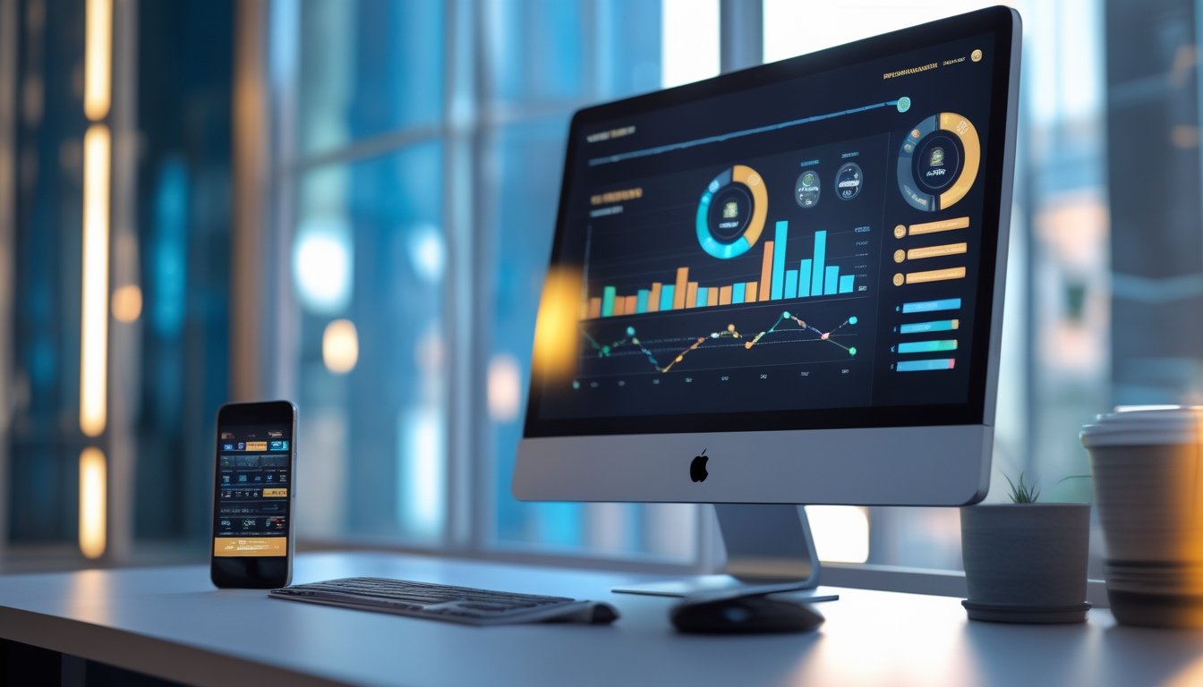 Meja kerja modern dengan monitor dan ponsel yang menampilkan grafik analitik abstrak.