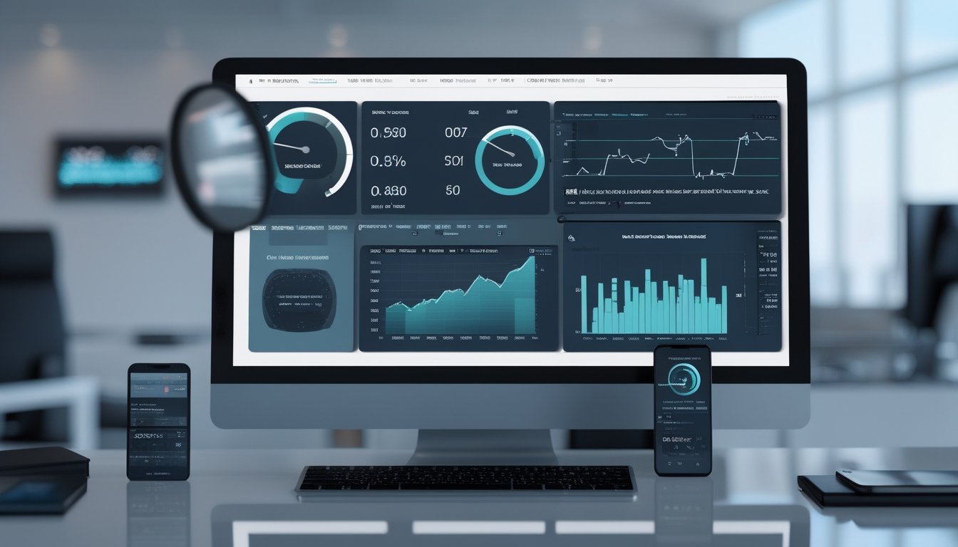 Monitor dan ponsel menampilkan grafik data abstrak di meja kerja modern.