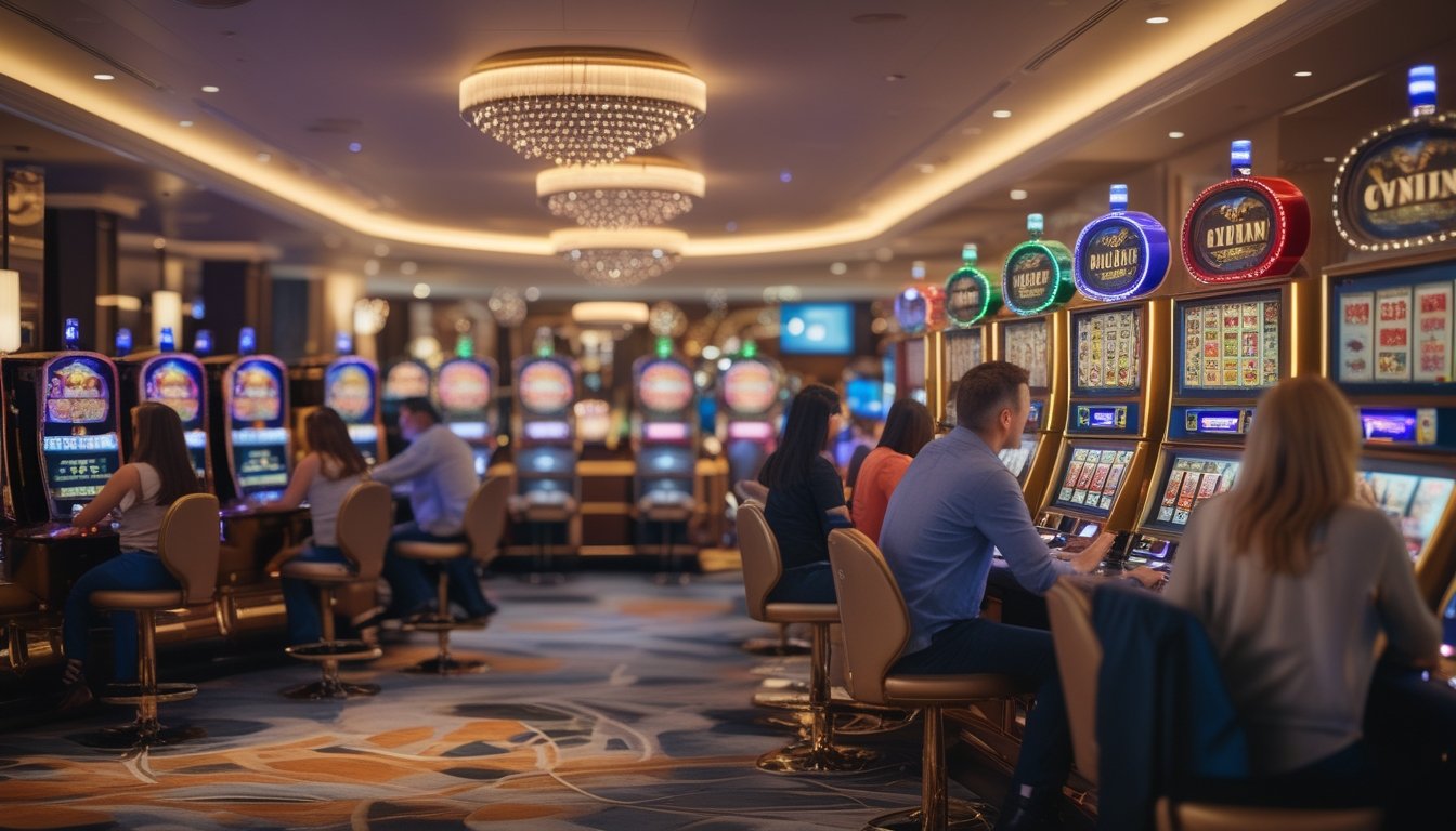 Deretan mesin slot berwarna-warni di ruang permainan mewah dengan beberapa orang dewasa sedang bermain.