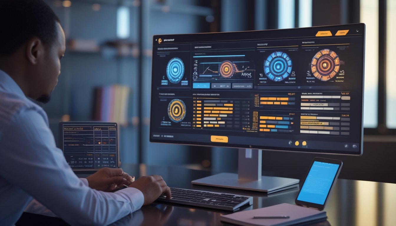 Seseorang meninjau visual permainan dan grafik data di ruang kerja modern.