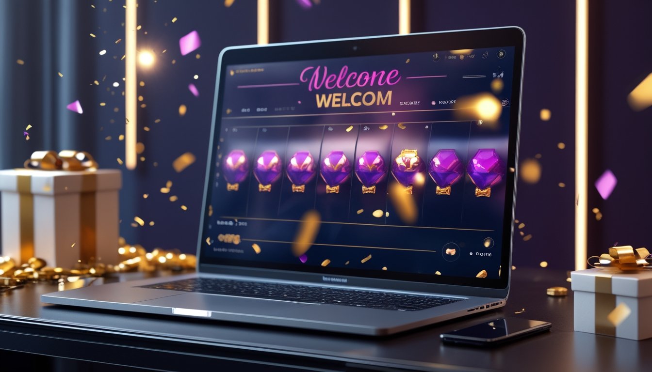 Ponsel dan laptop menampilkan antarmuka permainan digital berwarna-warni dengan dekorasi hadiah dan konfeti emas.