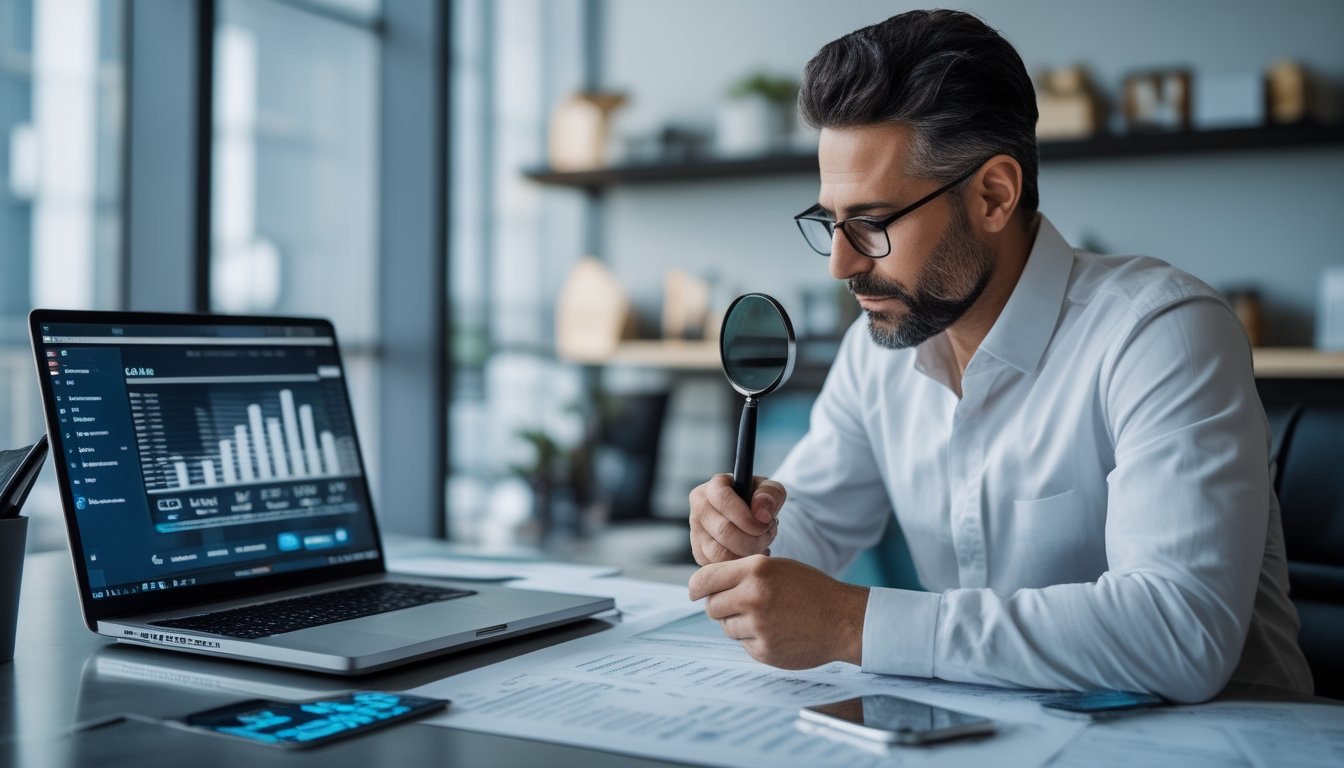 Seorang analis memeriksa informasi peringkat dan klaim platform taruhan menggunakan laptop, dokumen, dan kaca pembesar.