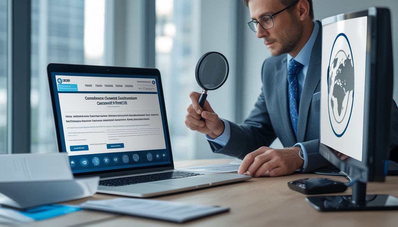 Analis hadirnya pemeriksaan platform taruhan digital dan dokumen legalitas di meja kerja.