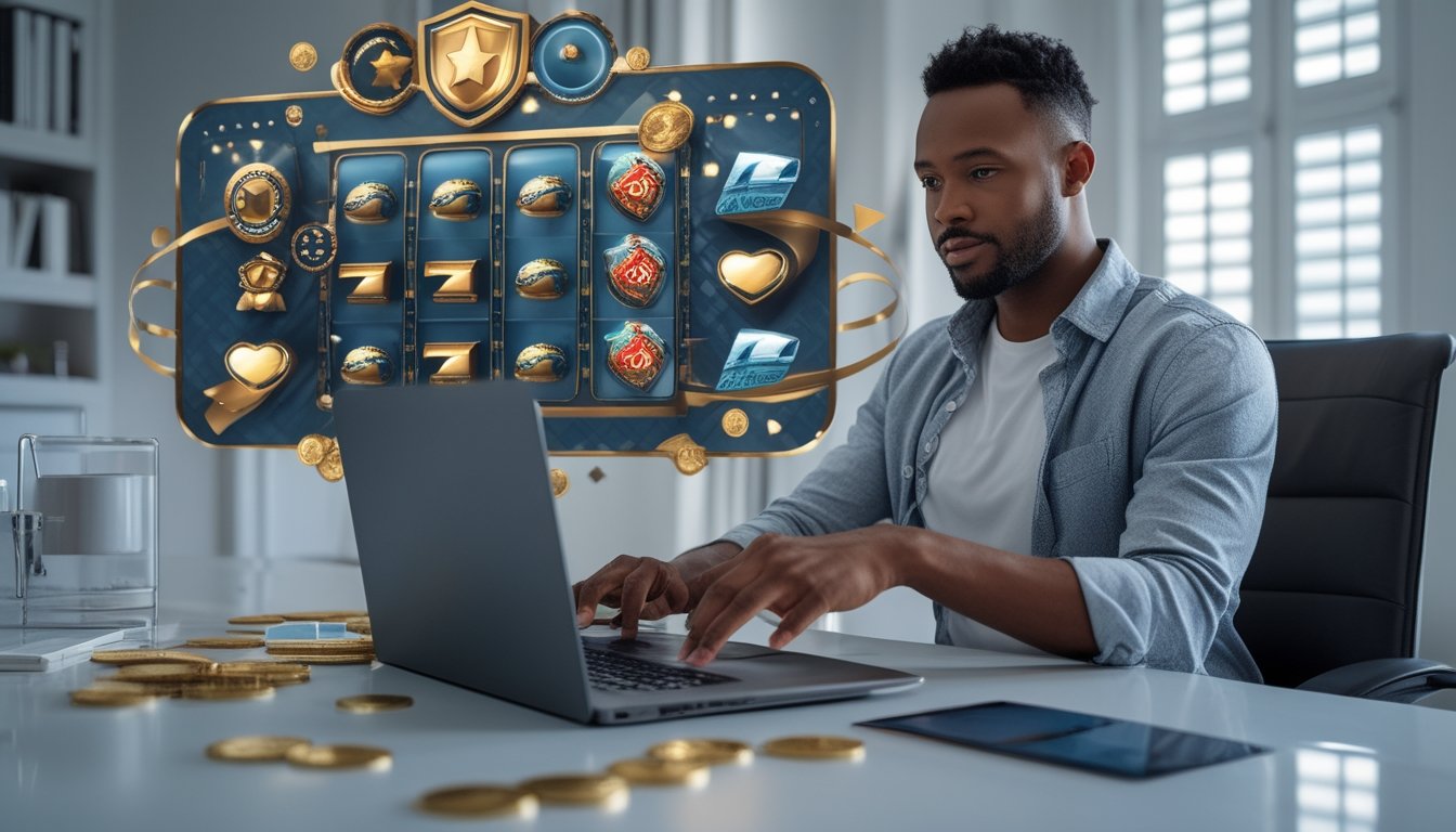 Orang dewasa membandingkan pilihan permainan digital di laptop dalam ruang kerja modern dengan simbol keamanan dan suasana kasino yang elegan.